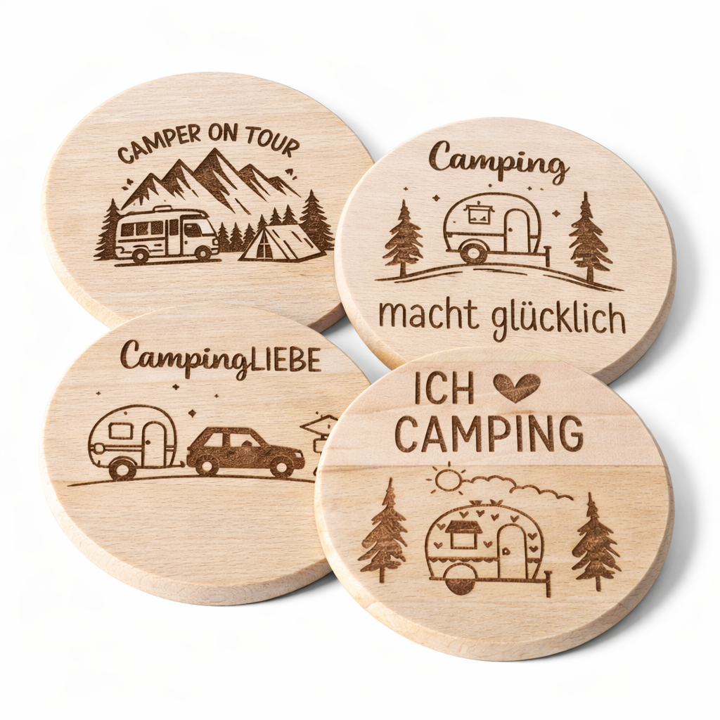Camping Untersetzer aus Holz rund – 4 Motive für Wohnwagen & Camper – 3DKüstendruck