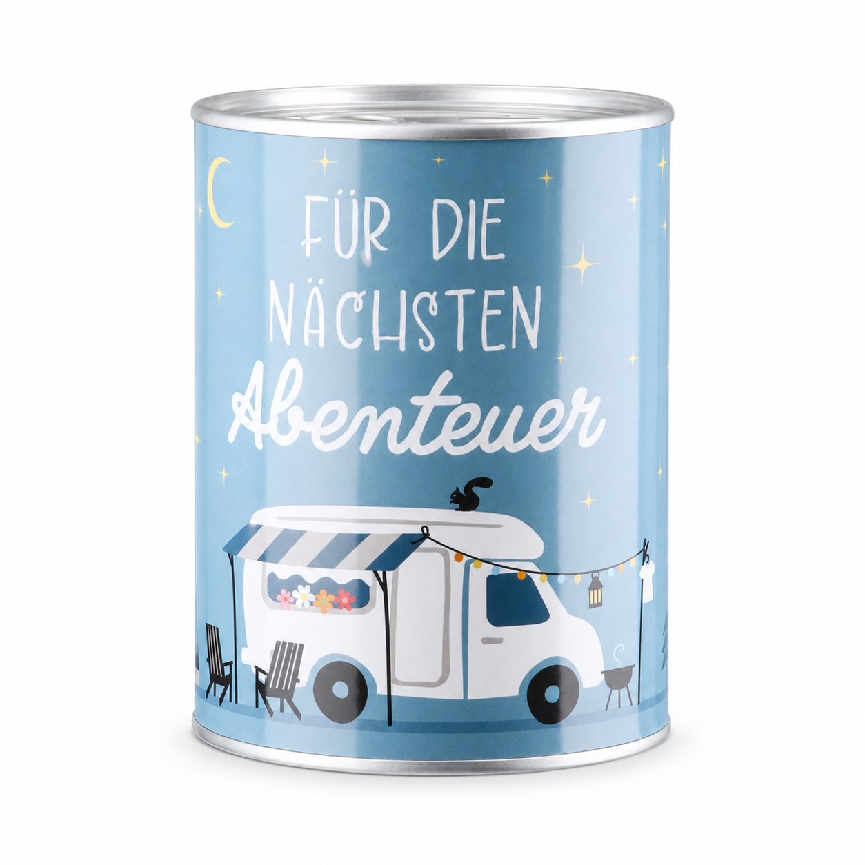 Camping Spardose „Für die nächsten Abenteuer“ aus Metall