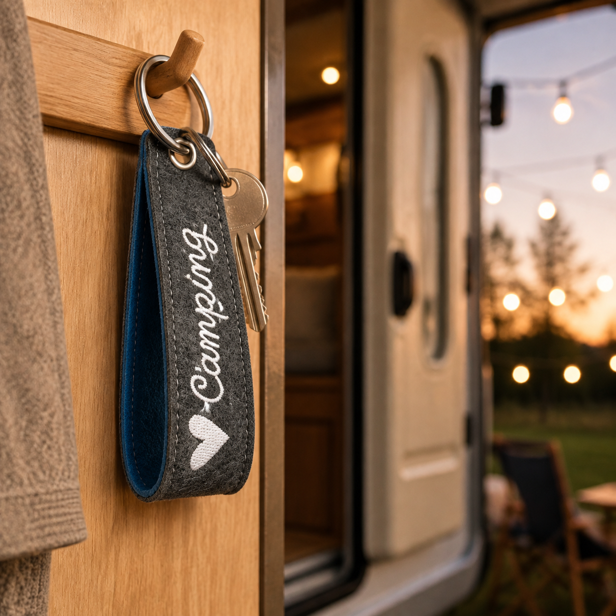 Camping Schlüsselanhänger aus Filz mit Stickerei