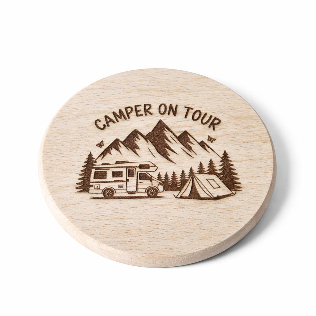 Holz Untersetzer mit Camping Gravuren