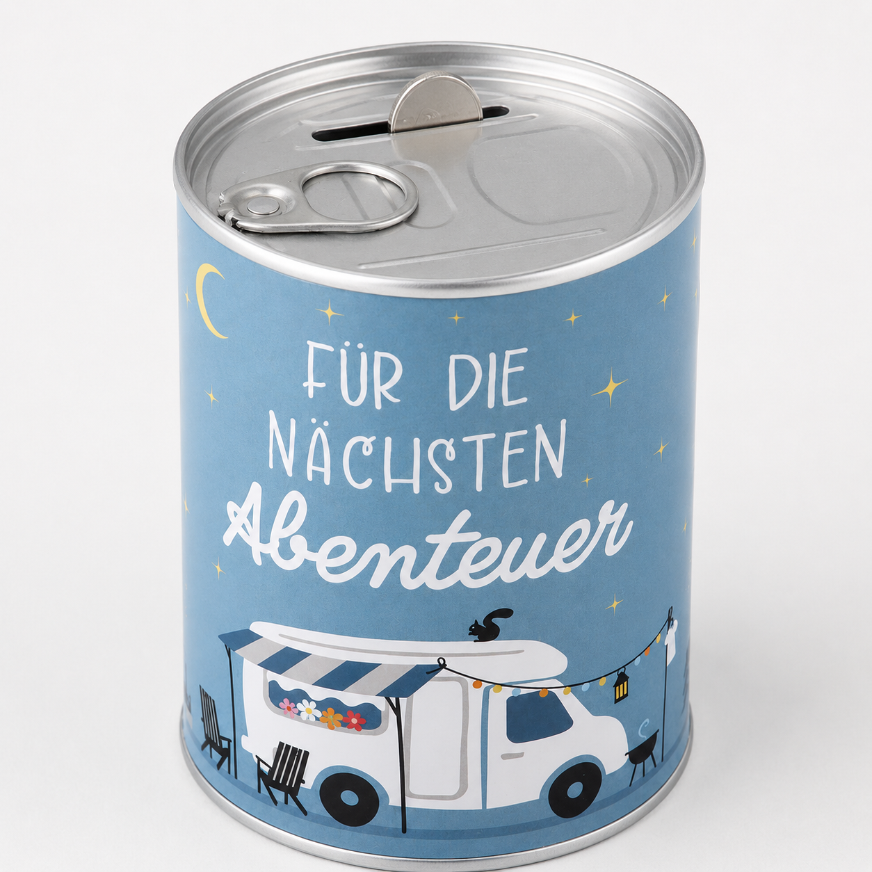 Camping Spardose „Für die nächsten Abenteuer“ aus Metall