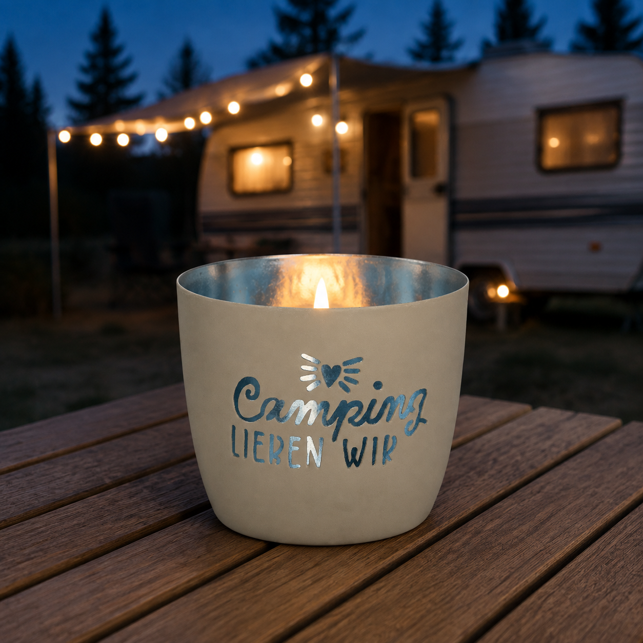 Camping Windlicht „Camping lieben wir“ aus Metall
