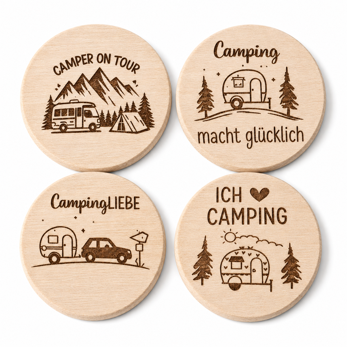Holz Untersetzer mit Camping Gravuren