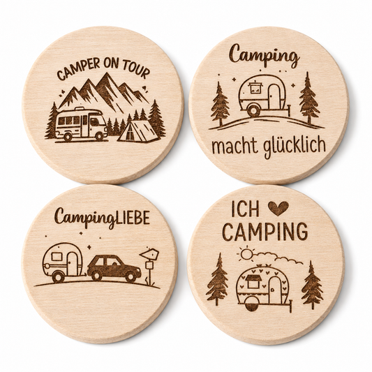 Holz Untersetzer mit Camping Gravuren